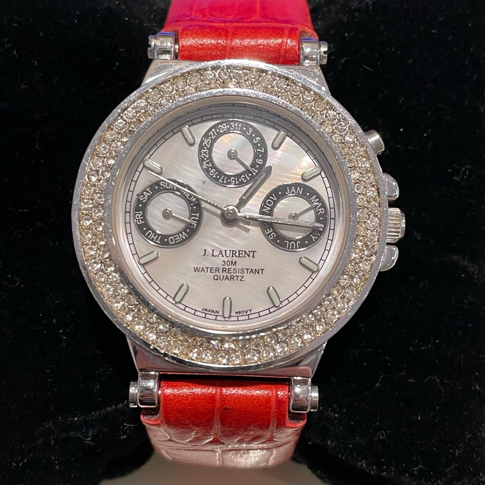 J. Laurent Watch Women Silver Tone Pave Day Date MOP Red Band